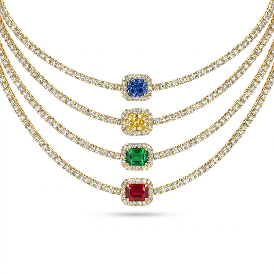  Multicolor Square Tennis Chain in White Gold