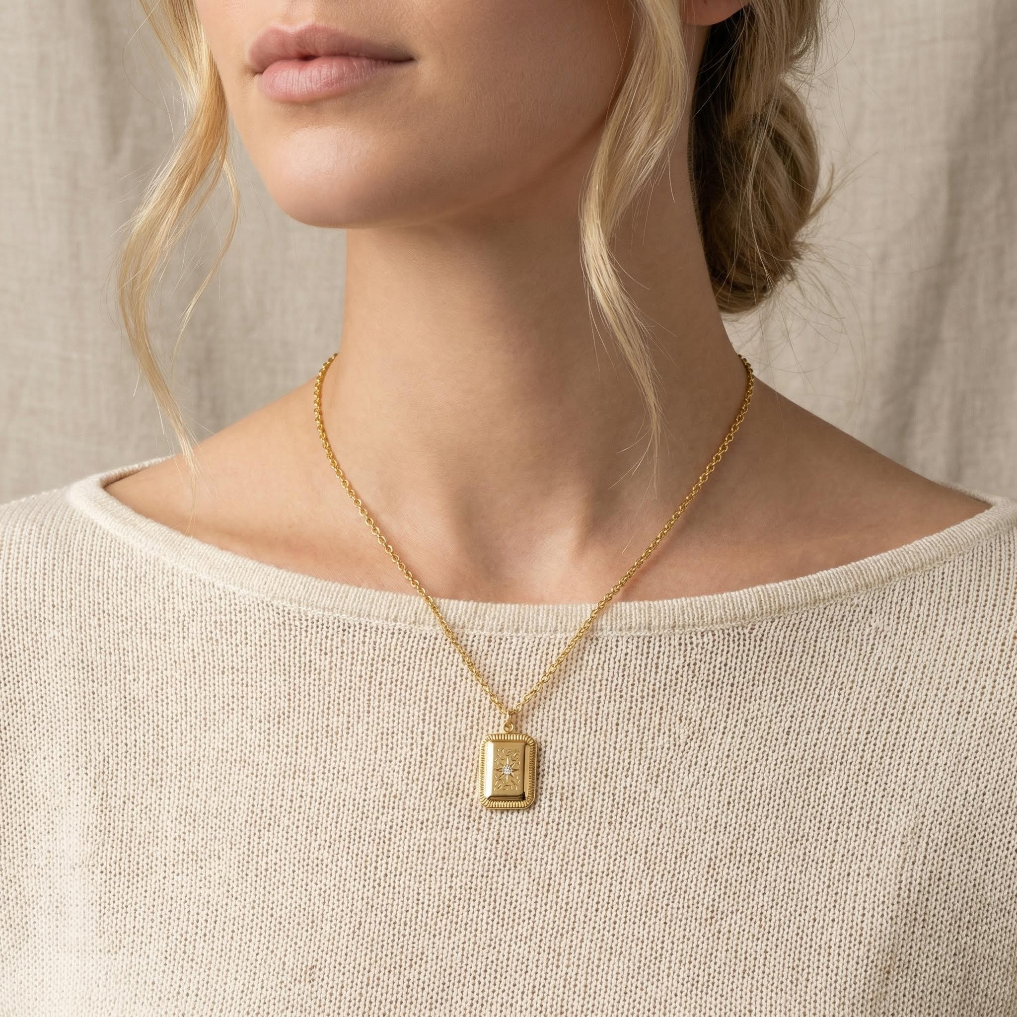 Octagram Embossed Stainless Steel Square Necklace