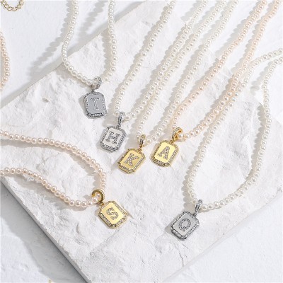 Iced Initial Letter Medallion Pearl Necklace
