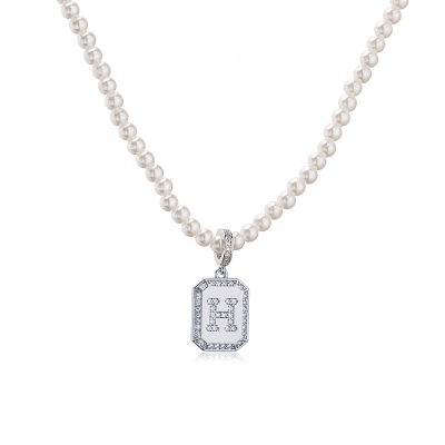 Iced Initial Letter Medallion Pearl Necklace