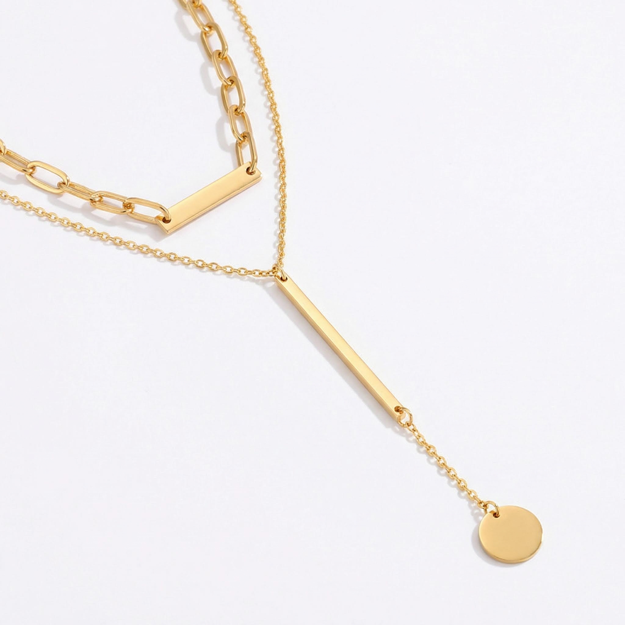  Gold Bar Disc Layered Necklace