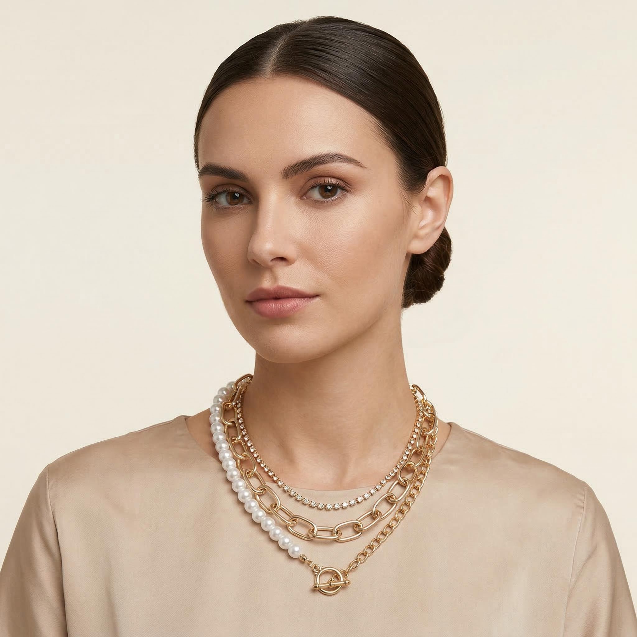  3 Pcs Pearl Tennis Chain Necklace Set