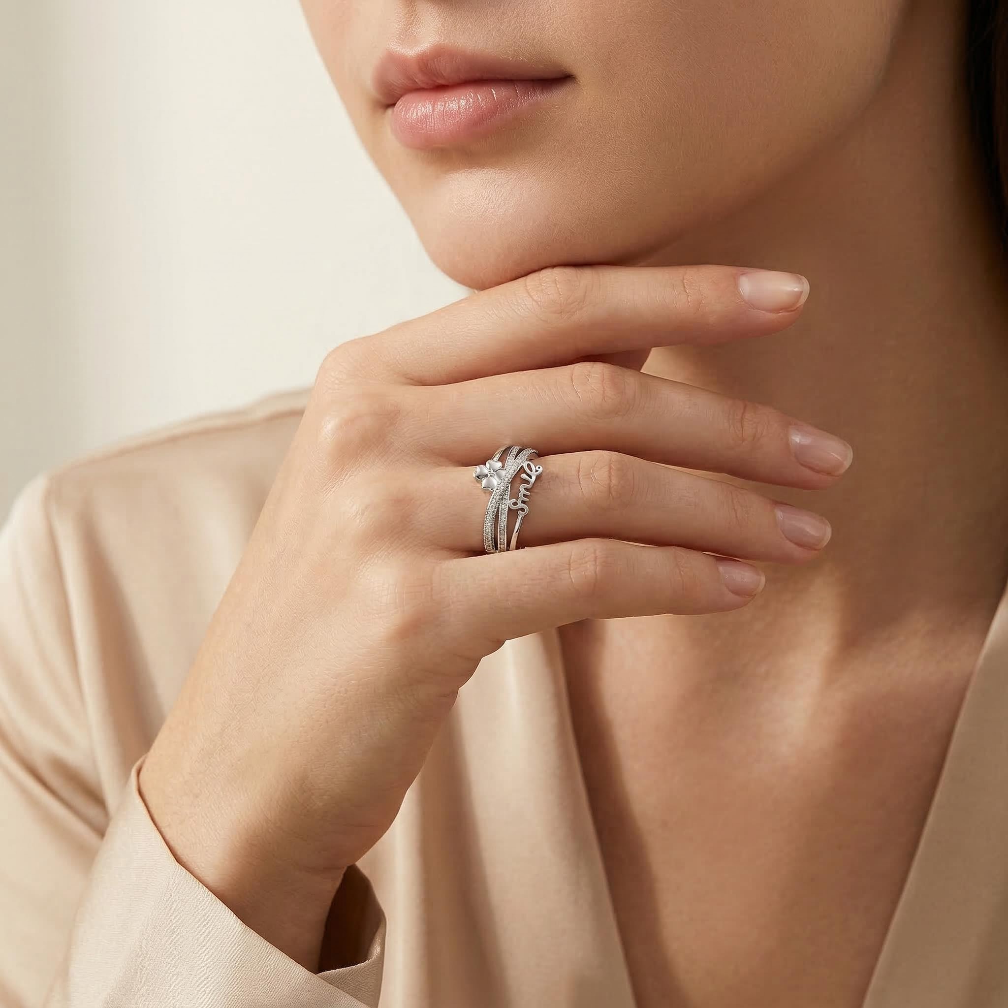 Smile Four-leaf Clover Adjustable Open Ring