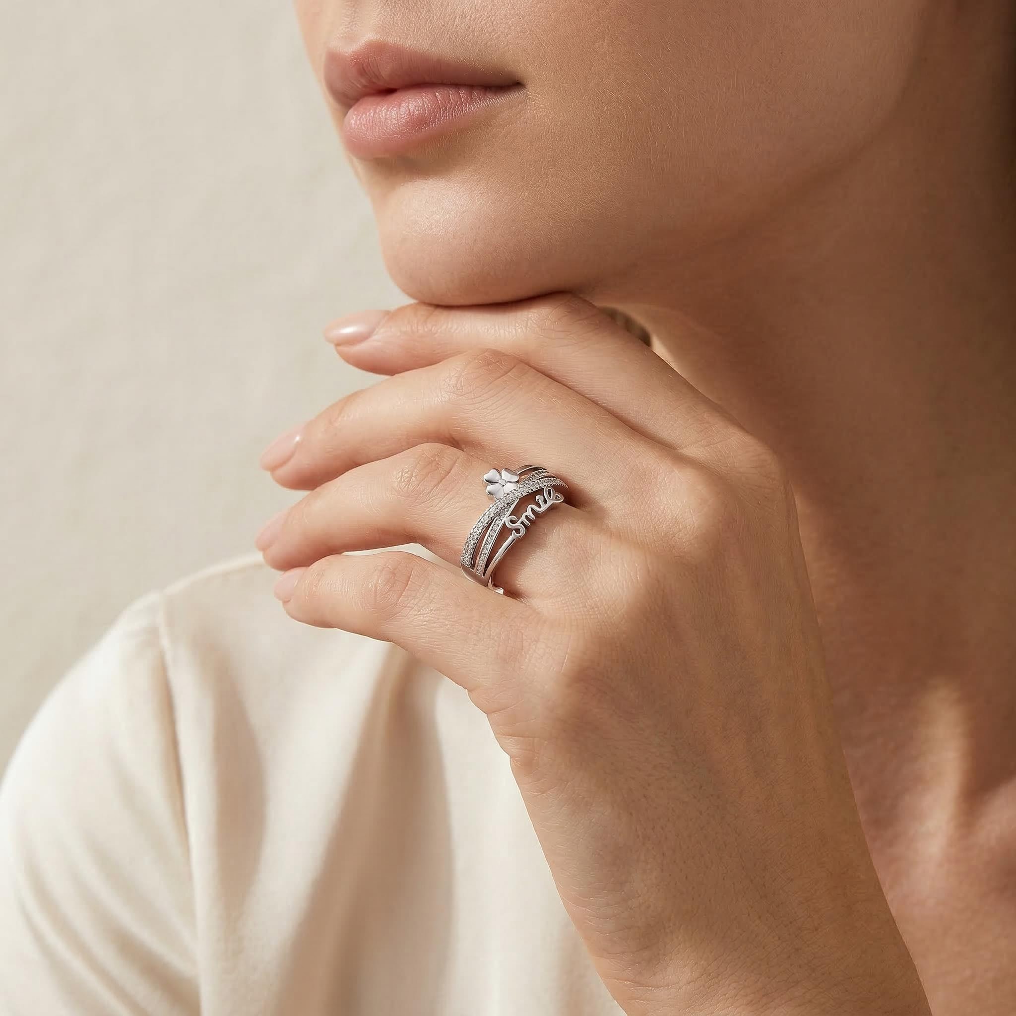 Smile Four-leaf Clover Adjustable Open Ring