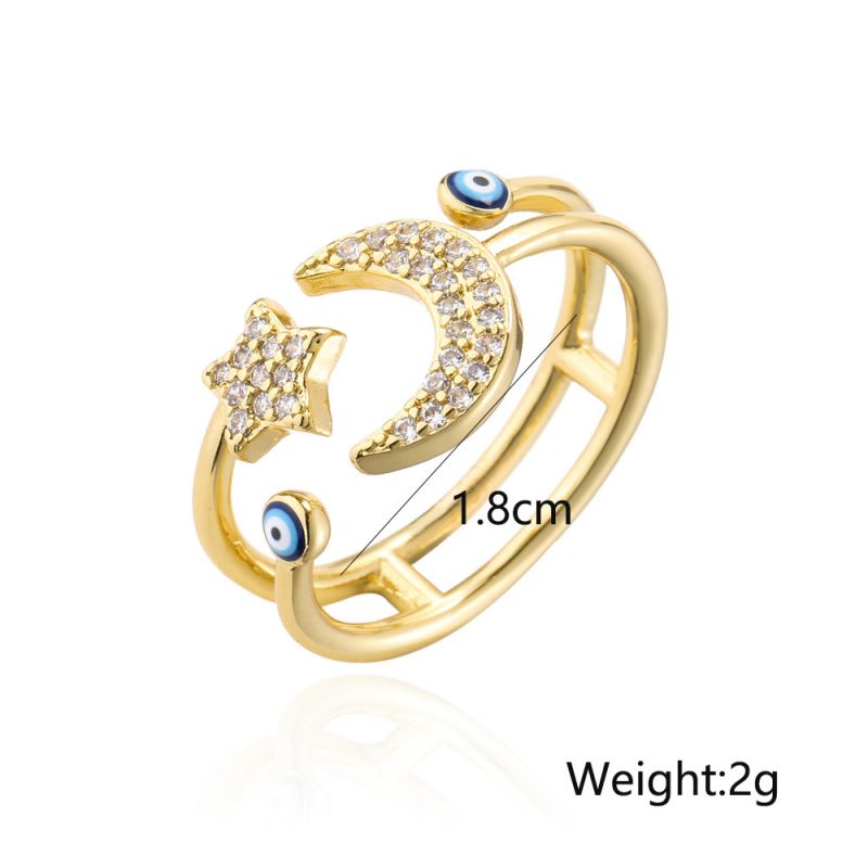 Micro Pave Evil Eye Moon Star Adjustable Open Ring in 18K Gold
