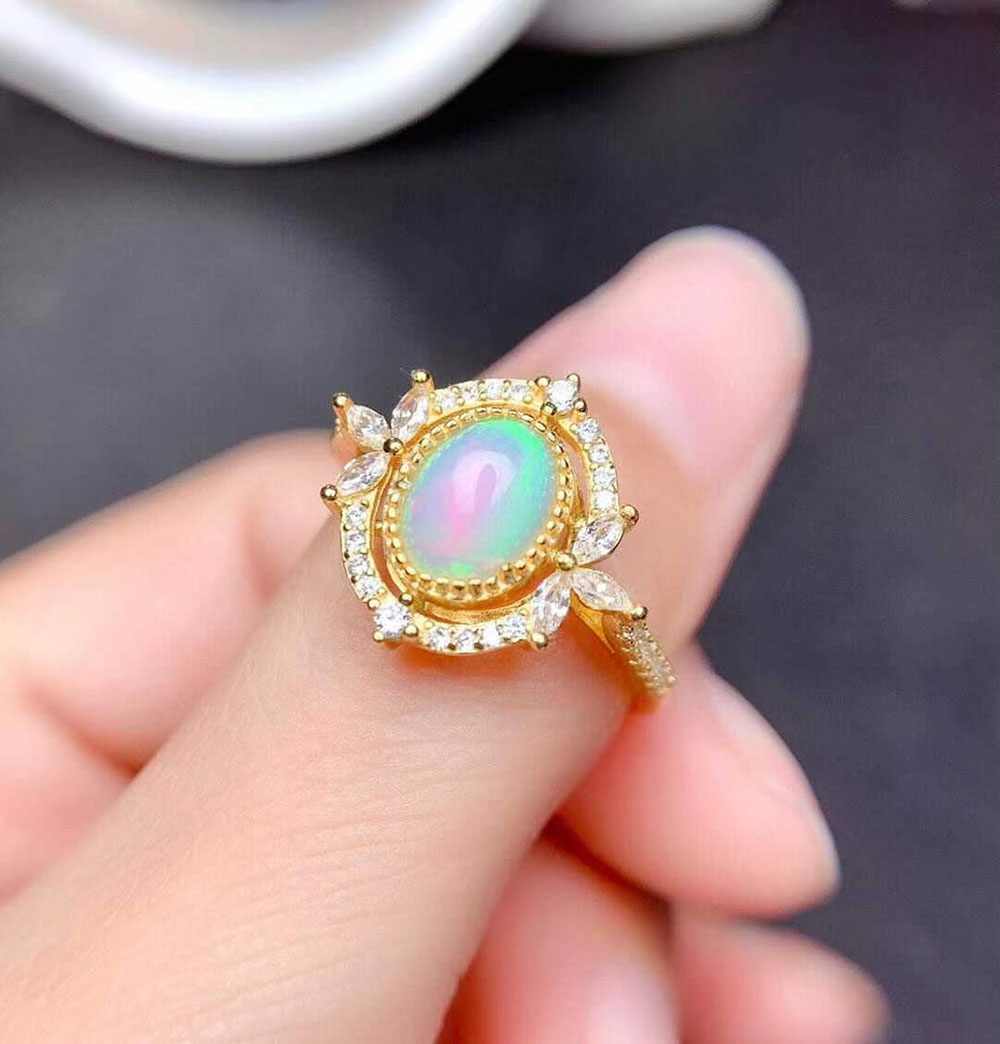 Natural Opal Vintage Sterling Silver Open Ring