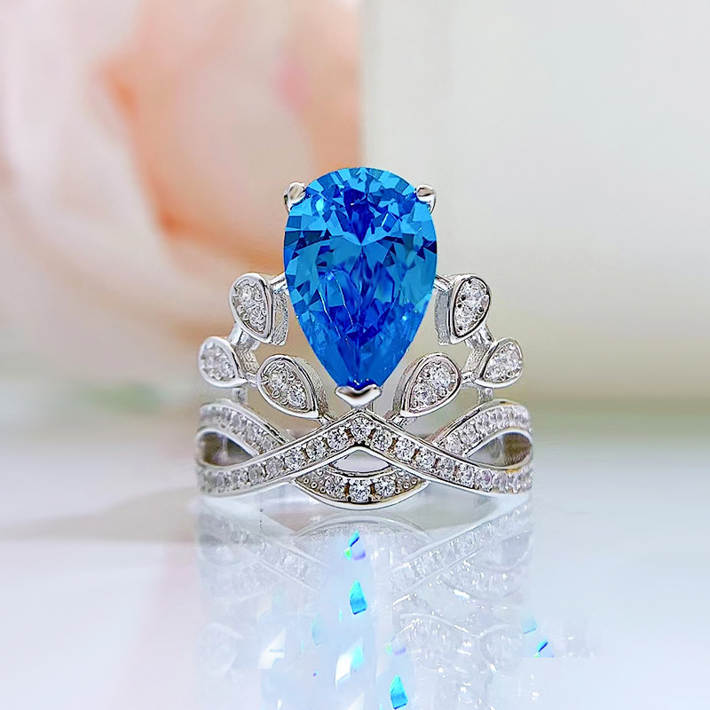 Pear Cut Blue Stone Crown Ring