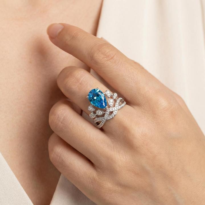 Pear Cut Blue Stone Crown Ring