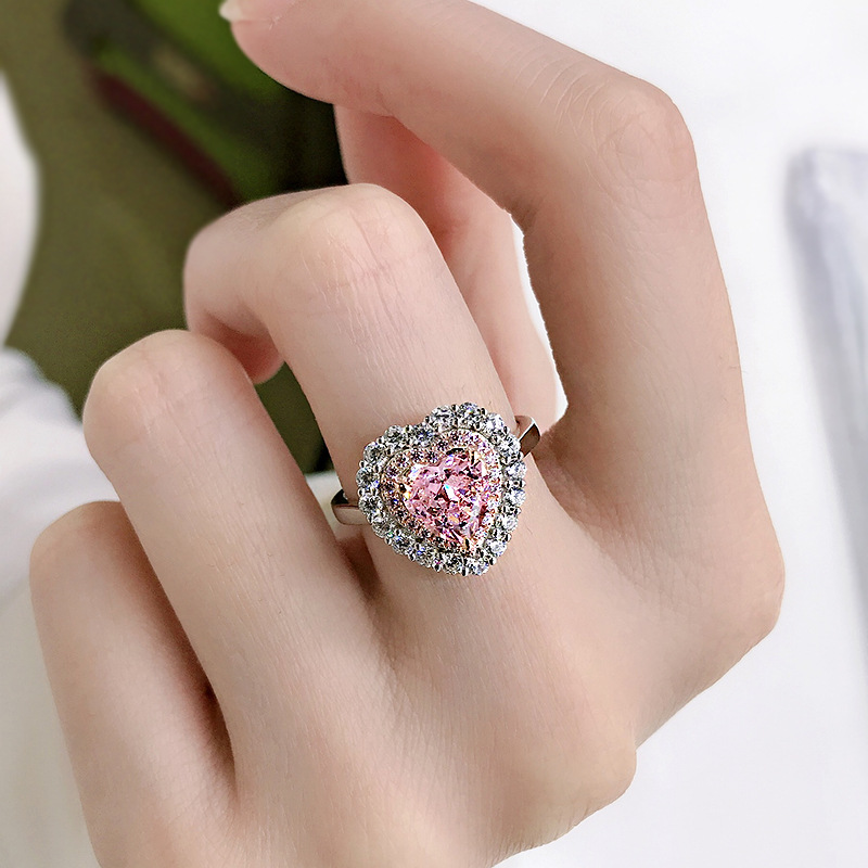 Heart Cut Halo Pink Stones Engagement Ring