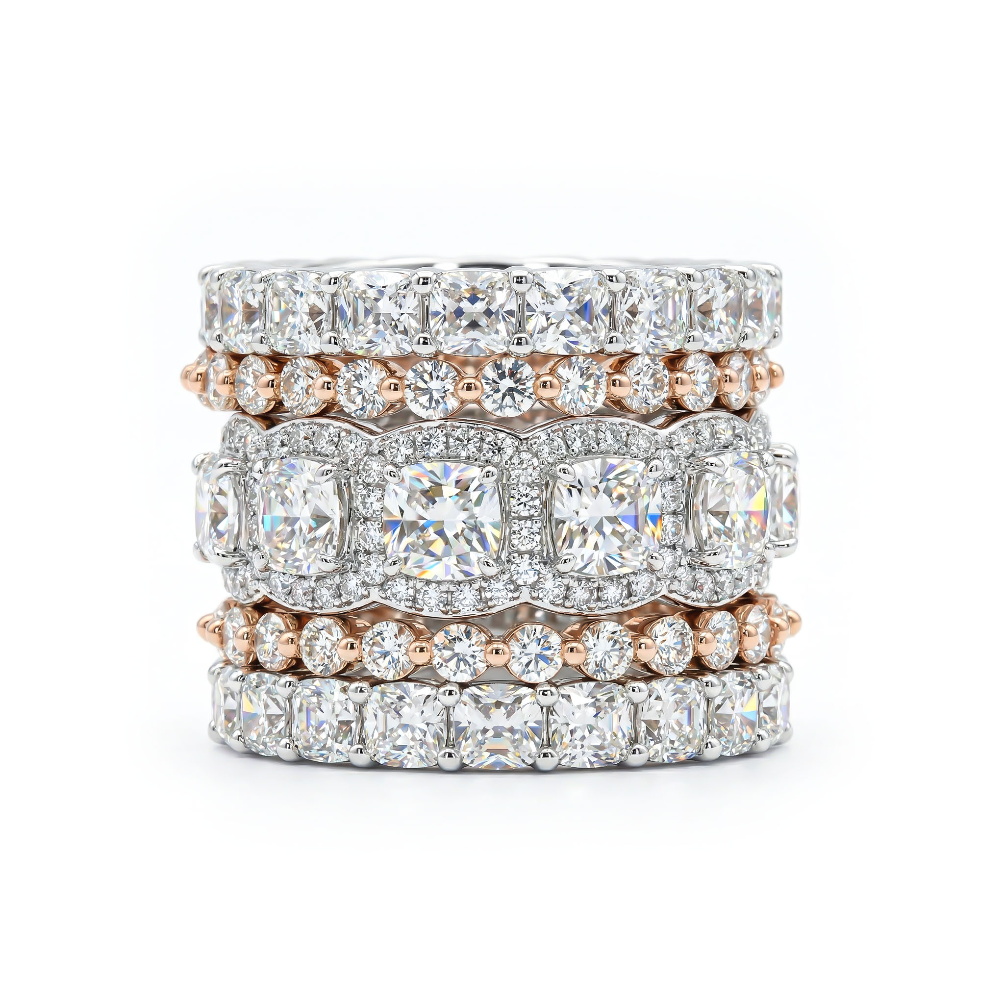 5Pcs Stacking Ring Set - Round Cut Cushion Cut Halo Ring