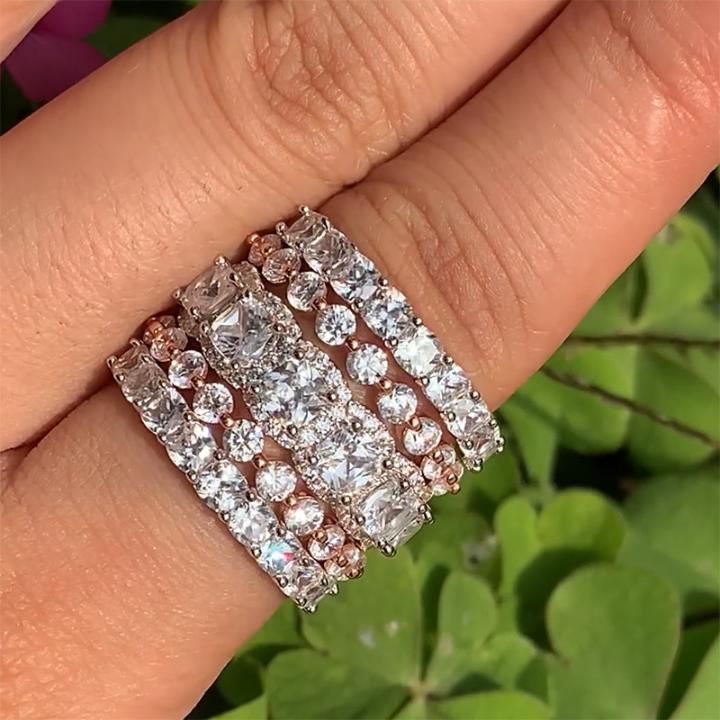 5Pcs Stacking Ring Set - Round Cut Cushion Cut Halo Ring