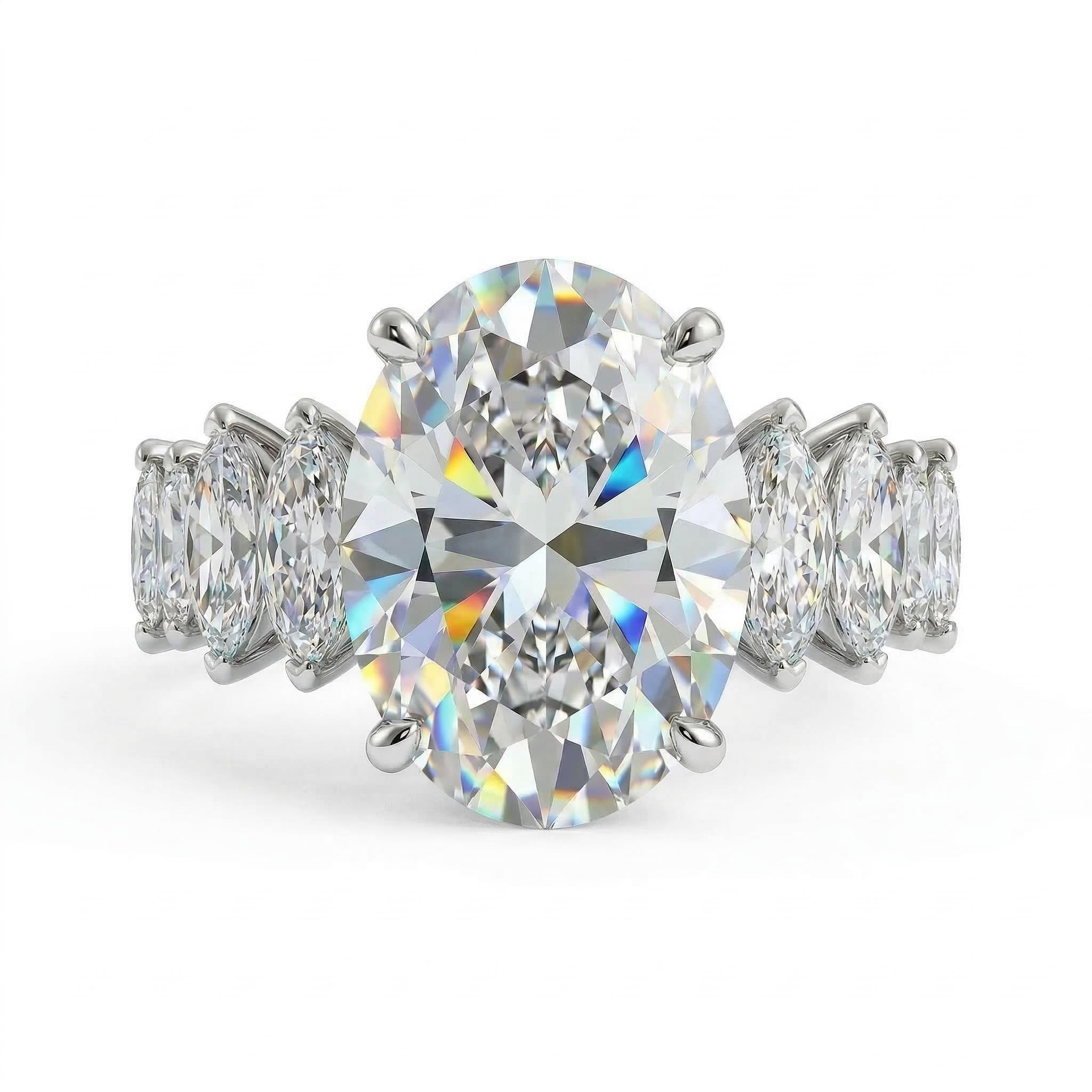 3.5 Ct Brilliant Oval Cut with Marquise Shape Side Stones Ring