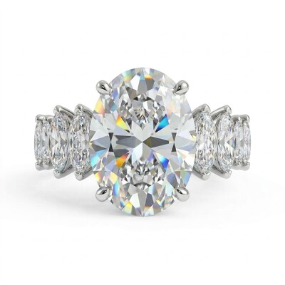 3.5 Ct Brilliant Oval Cut with Marquise Shape Side Stones Ring