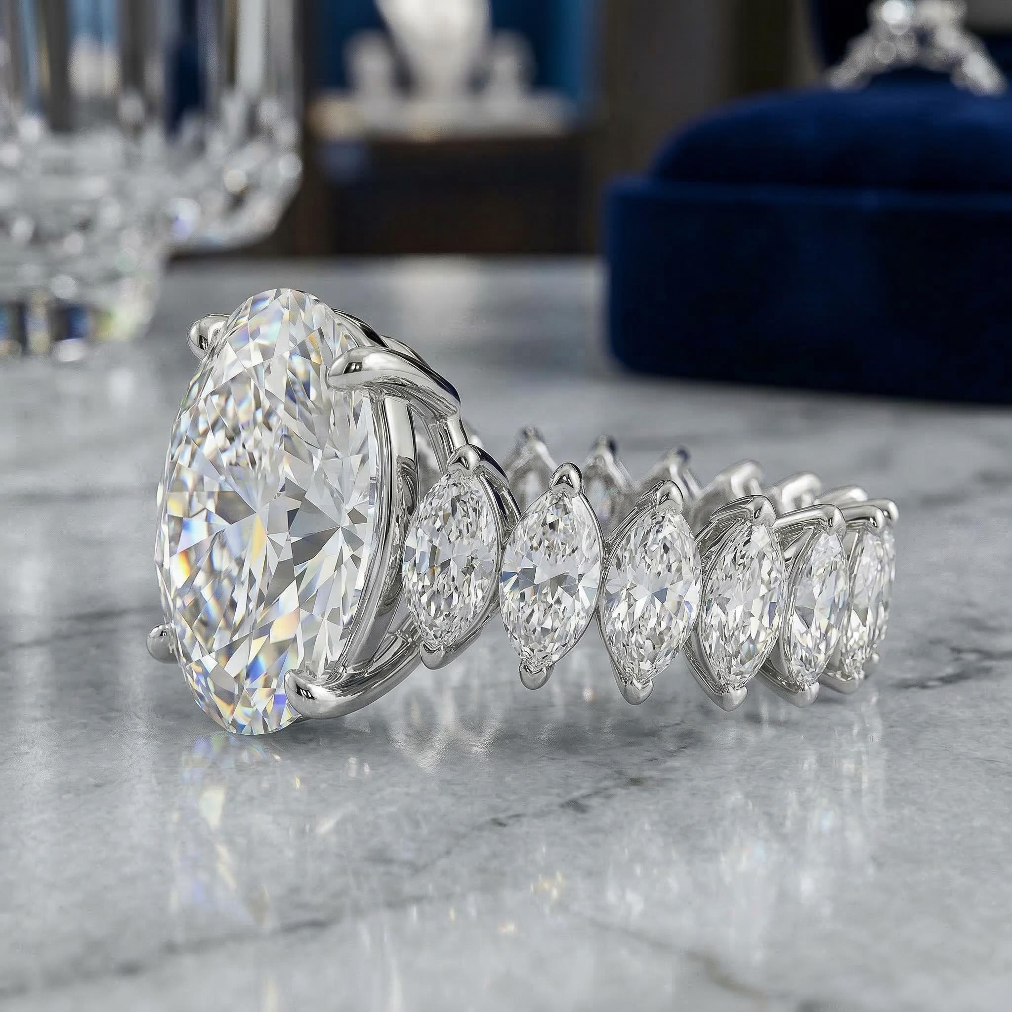 3.5 Ct Brilliant Oval Cut with Marquise Shape Side Stones Ring