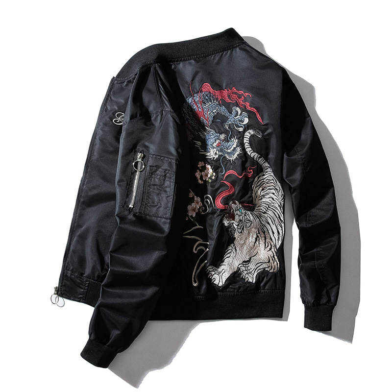 Streetwear Embroidered Dragon Tiger Bomber Jacket