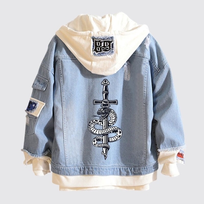 Snake Cross Print Hooded Denim Jacket