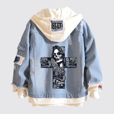 Cross Skull Print Hooded Denim Jacket