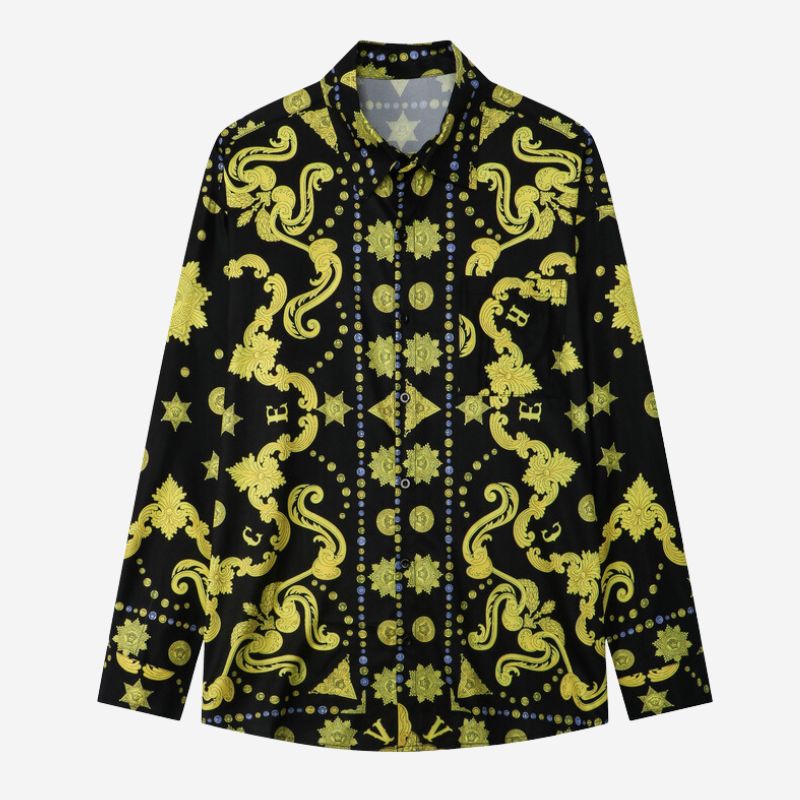 Court Style Gold Floral Print Long Sleeves Shirt