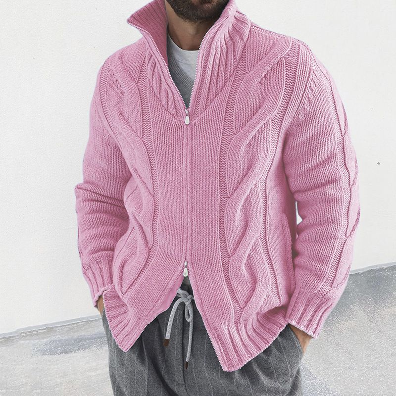 Trendy Full Zip Stand Collar Cable Knit Cardigan