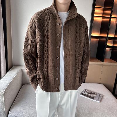 Trendy Button Stand Collar Cable Knit Cardigan