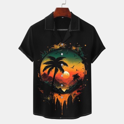 Sunset Beach Print Lapel Shirt