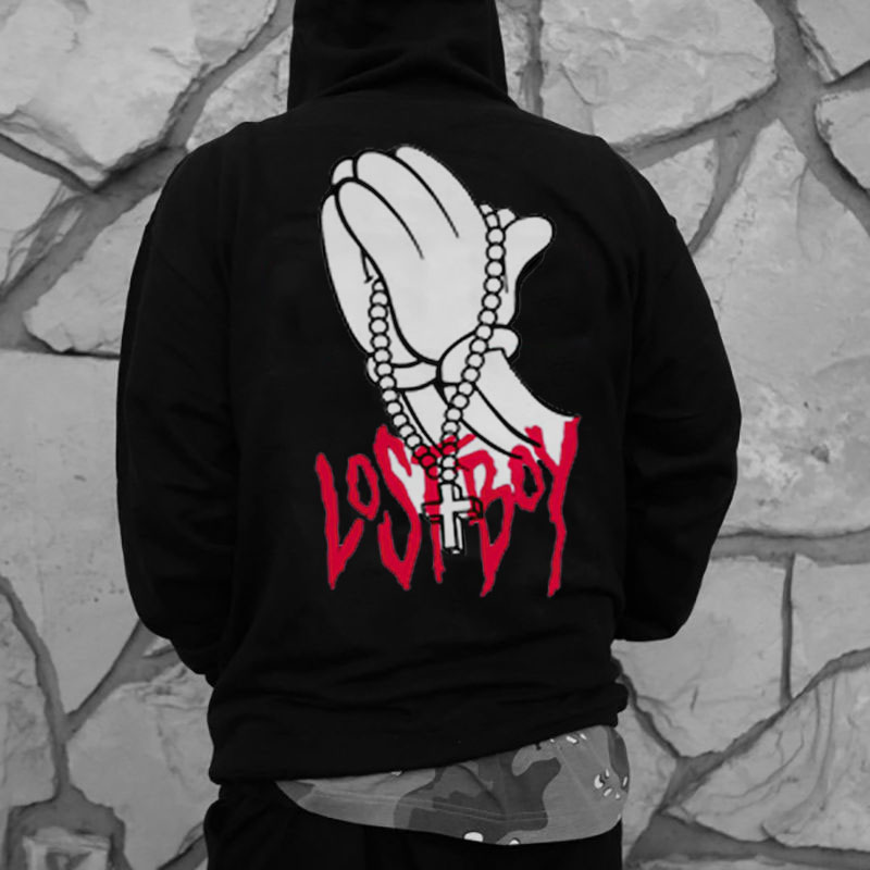 Lost Boy Pray Hand Print Long Sleeve Hoodie