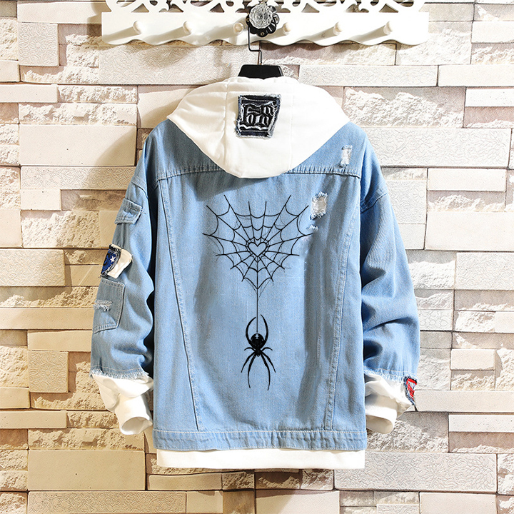 Love Spider Web Print Denim Thin Jacket