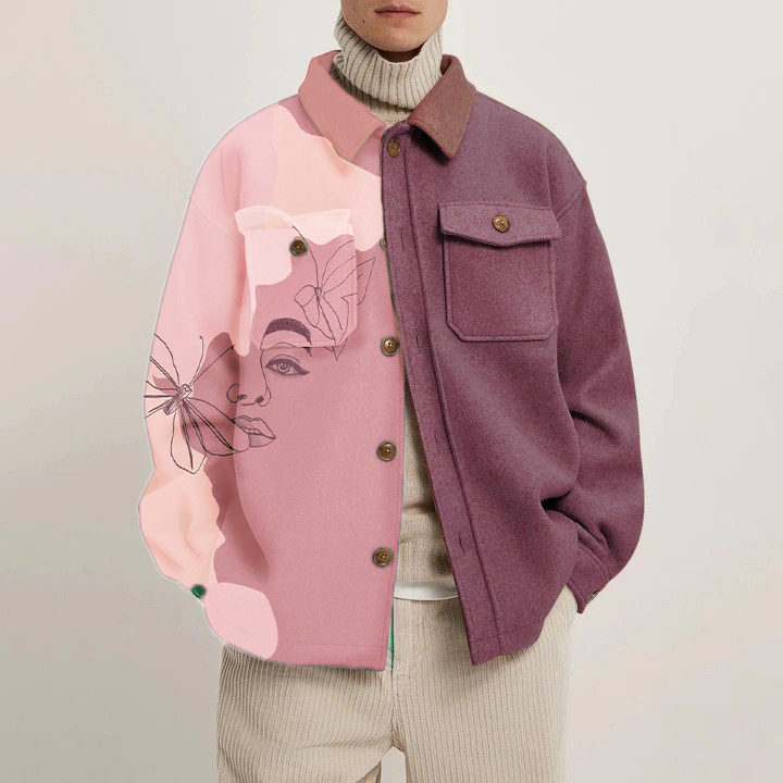 Color Block Character Line Print Corduroy Thin Jacket