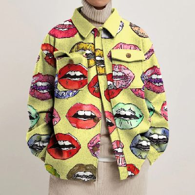 Colorful Lip Print Lapel Button Jacket