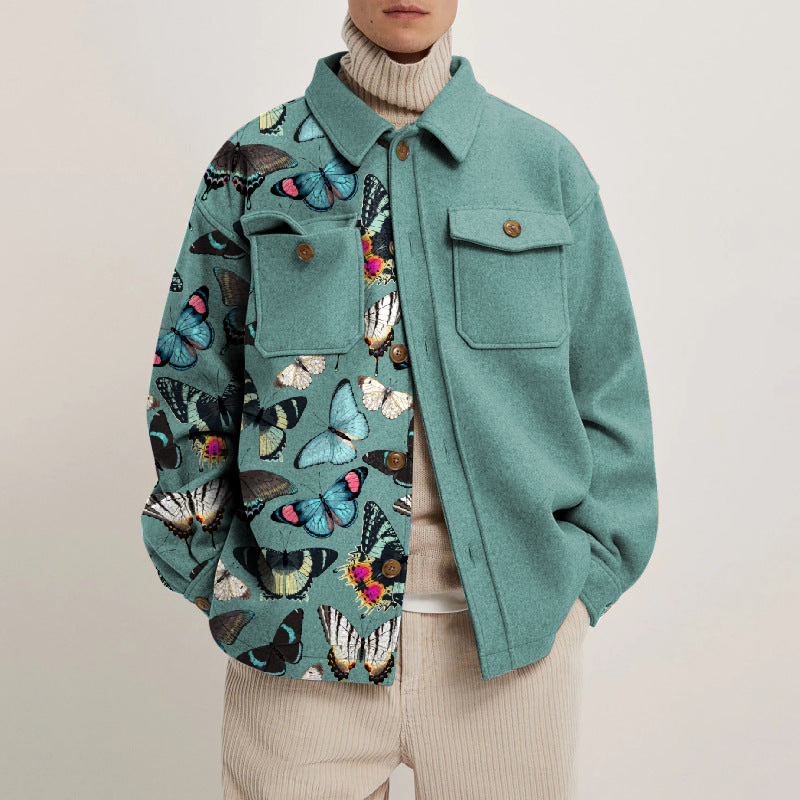 Tropical Butterfly Print Lapel Button Jacket