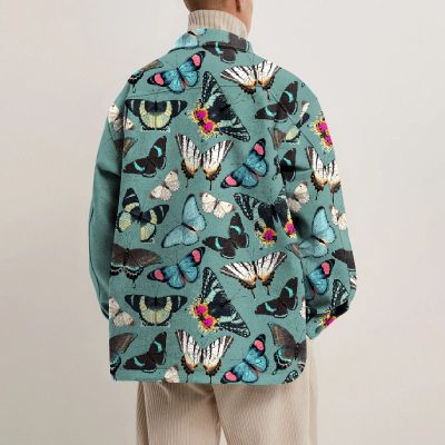 Tropical Butterfly Print Lapel Button Jacket