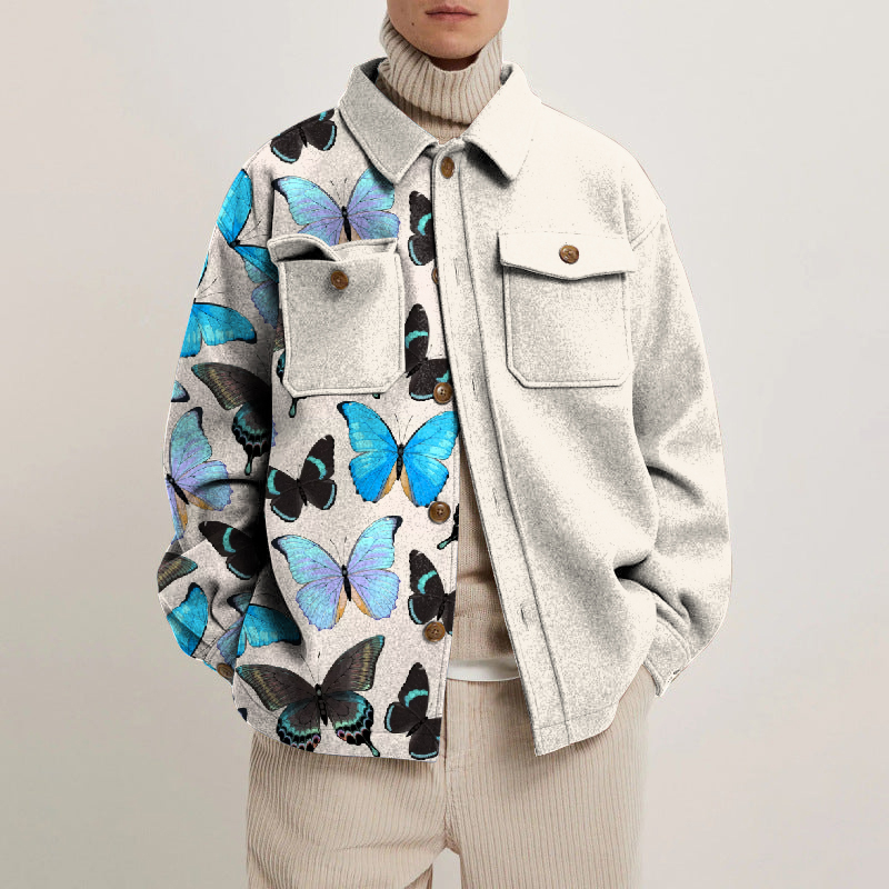Tropical Butterfly Print Lapel Button Jacket
