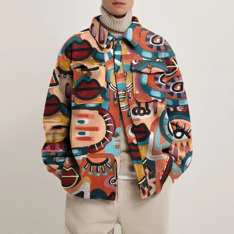 Abstract Print Lapel Button Jacket