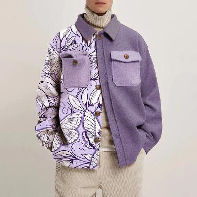 Butterfly Colorblock Print Corduroy Thin Jacket
