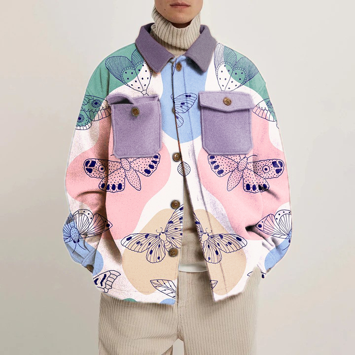 Butterfly Colorblock Print Corduroy Thin Jacket