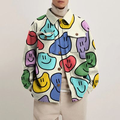 Colorful Smiley Print Lapel Button Jacket