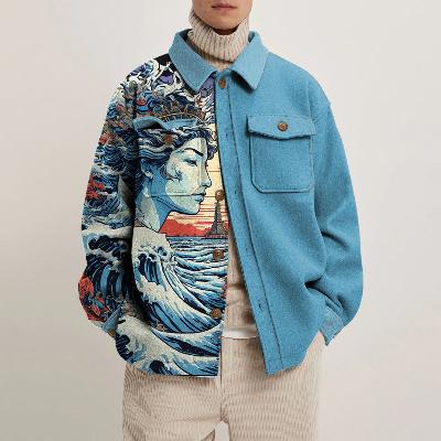 Blue Unisex Ukiyoe Print Jacket