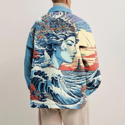 Blue Unisex Ukiyoe Print Jacket