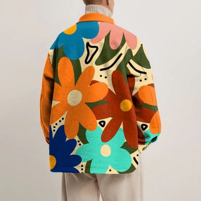 Colorful Flower Print Lapel Button Jacket