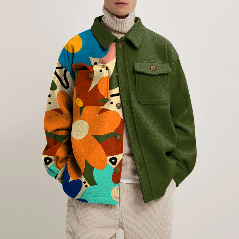 Colorful Flower Print Lapel Button Jacket