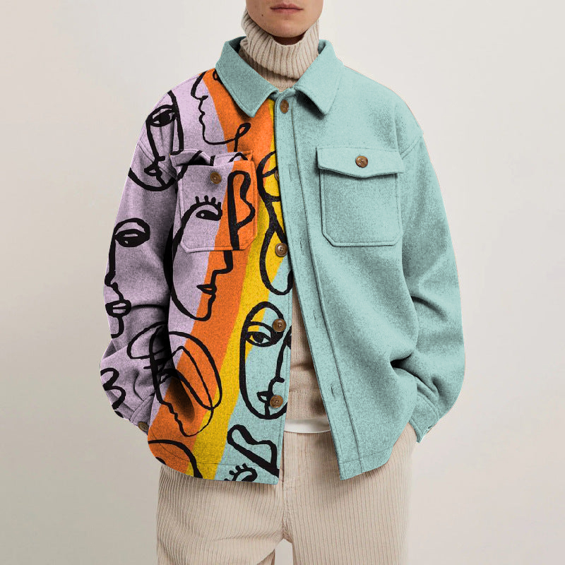 Abstract Face Line Lapel Button Jacket