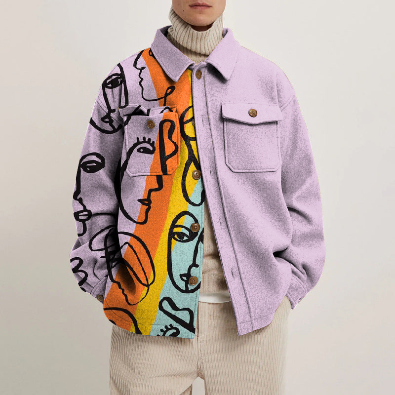 Abstract Face Line Lapel Button Jacket