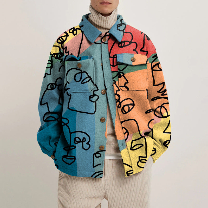 Colorful Abstract Face Line Lapel Button Jacket