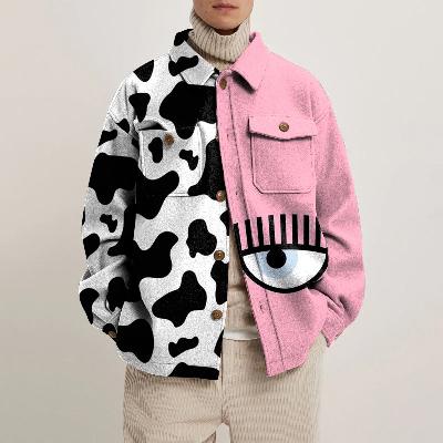 Cow Pattern Eyes Print Contrast Shirt Jacket