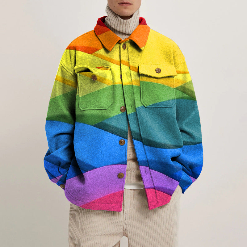 Rainbow Print Lapel Button Jacket