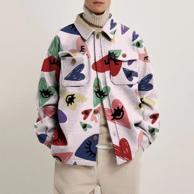 Colorful Love Print Lapel Button Jacket