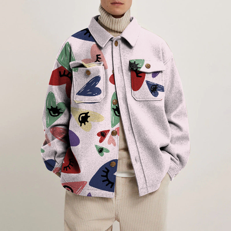 Colorful Love Print Lapel Button Jacket