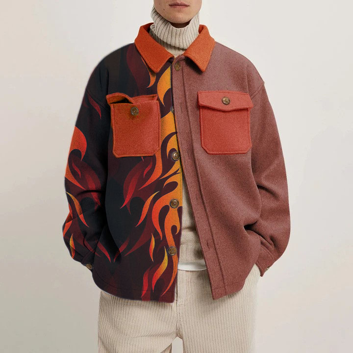 Light Color Block Flame Print Shirt Jacket