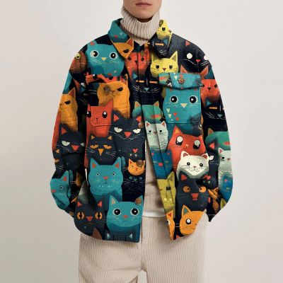 Colorful Cat Print Lapel Button Jacket