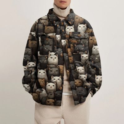 Cat Print Lapel Button Jacket